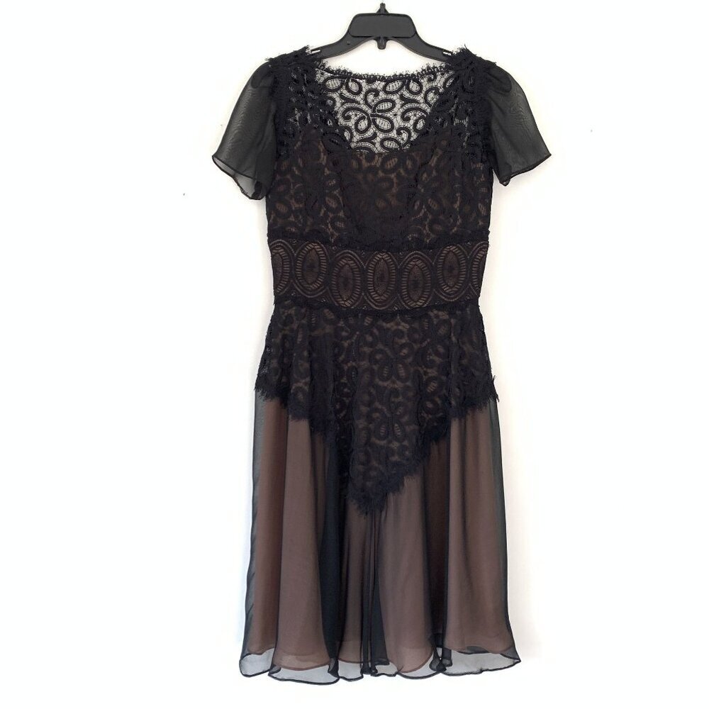 Marchesa Notte Size 8 Silk Black Lace Short Sleeve Dress Sheer Flowy Romantic